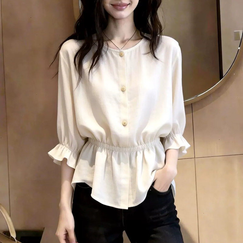 法式泡袖收腰衬衫女白色显瘦通勤风时尚上衣小个子精致穿搭一整套
