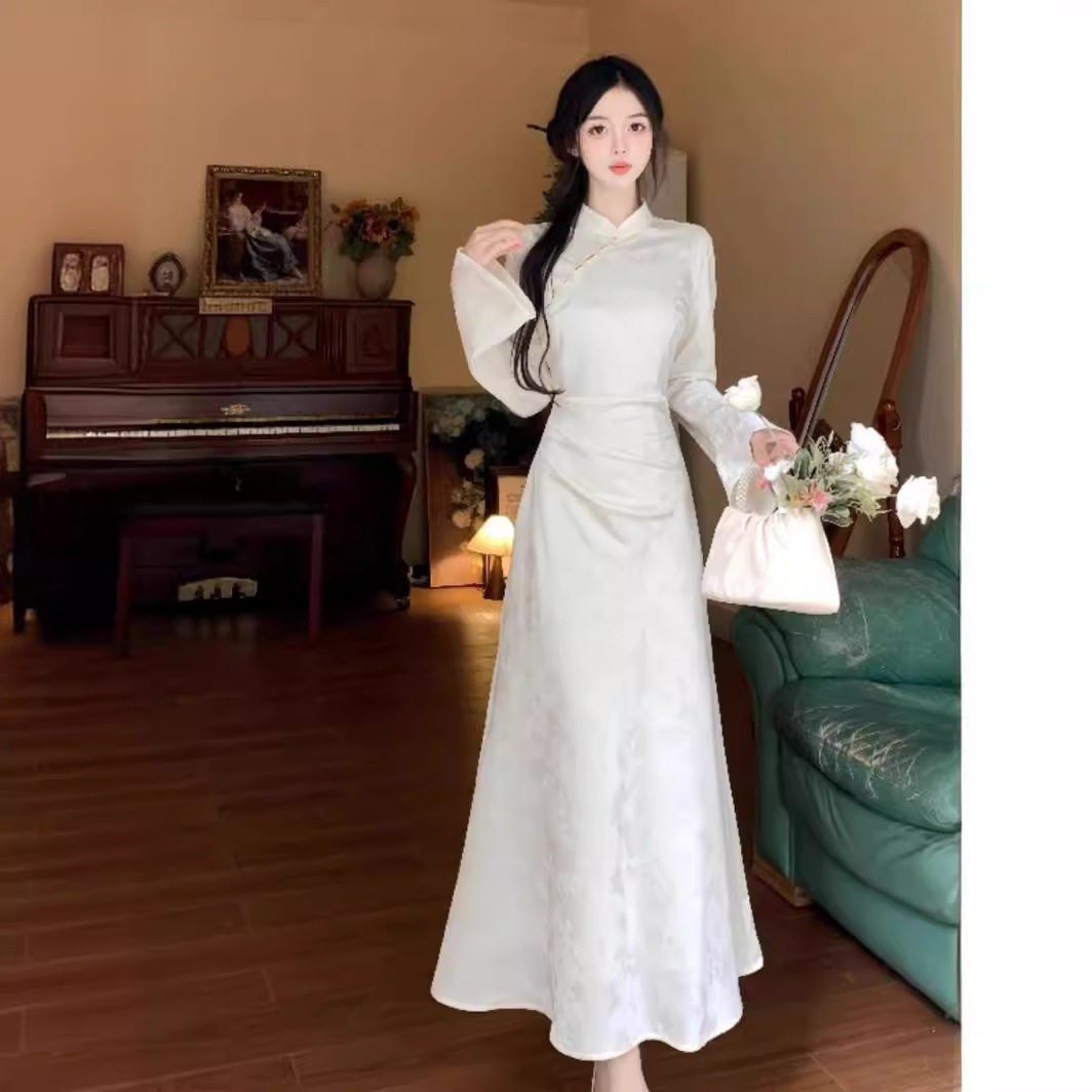 新中式改良旗袍女立领收腰长袖