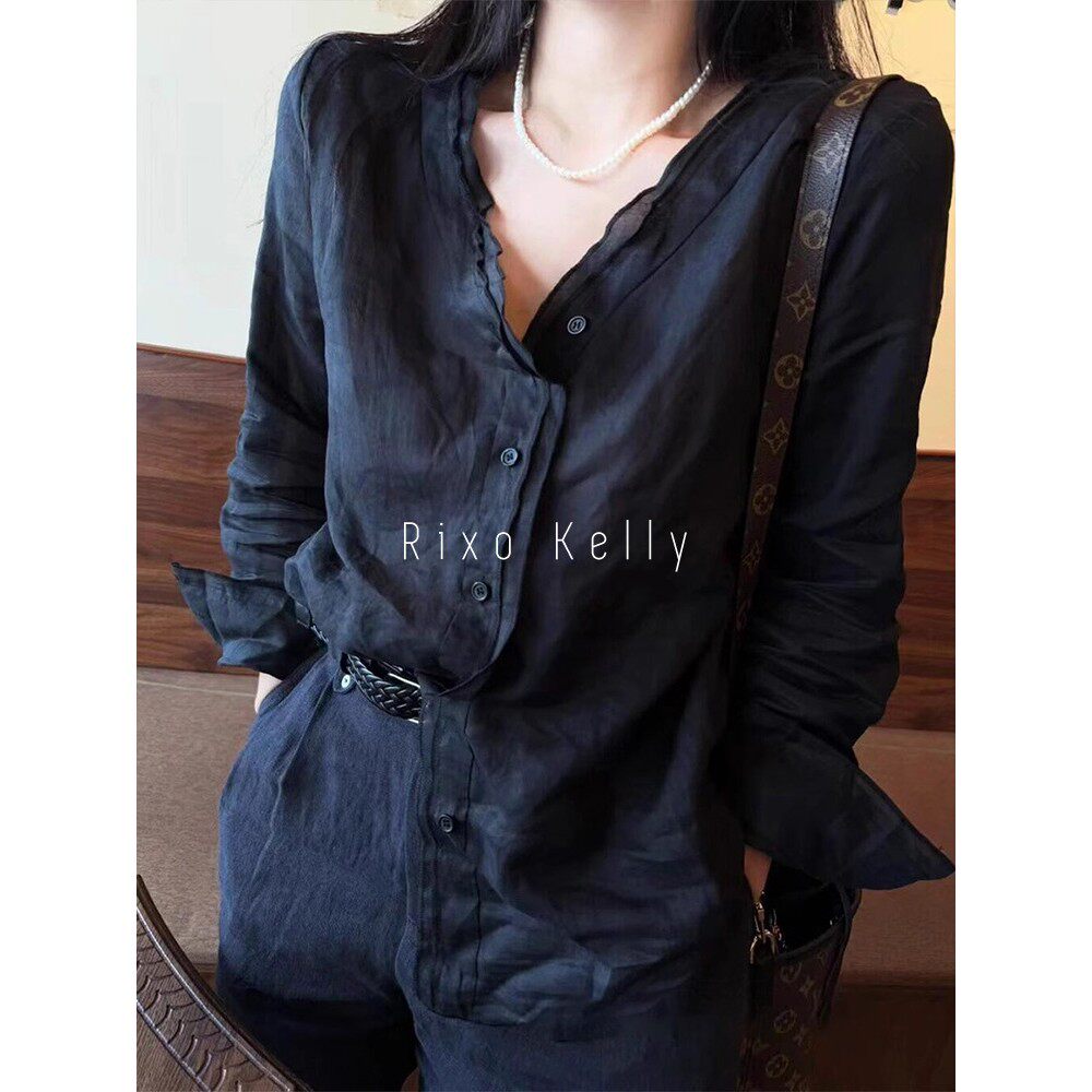 Rixo Kelly木耳边设计感百搭休闲衬衫女气质高级感长袖舒适小上衣