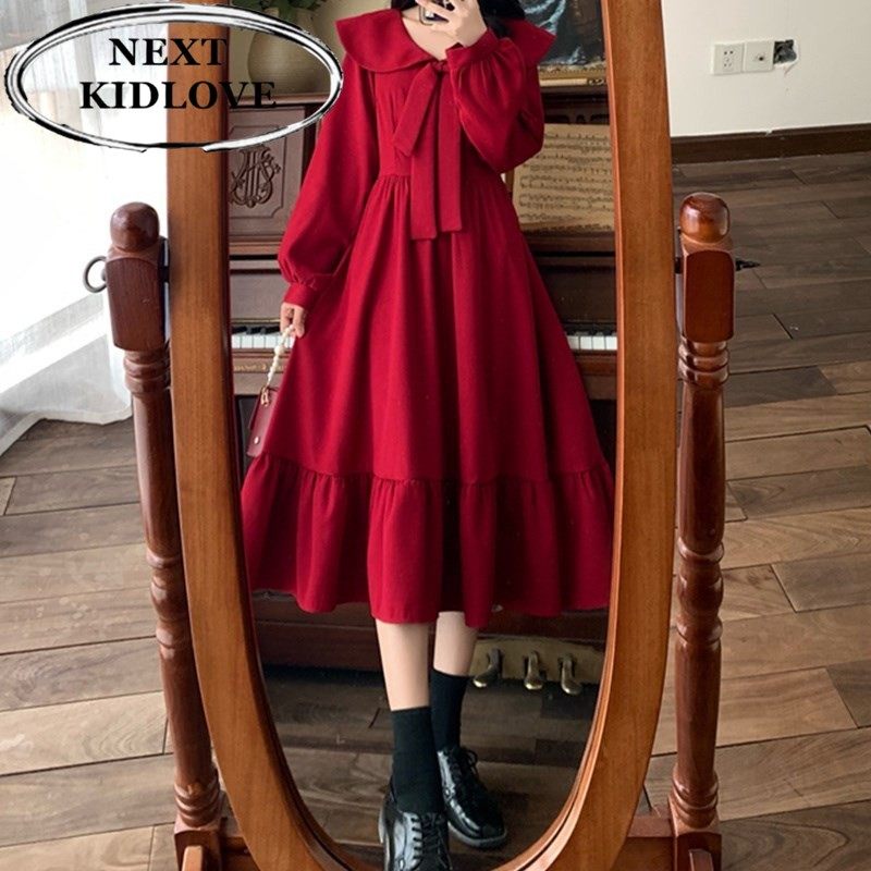 日本代购大码娃娃领红色连衣裙女春秋胖妹妹显瘦赫本风晚礼服长裙