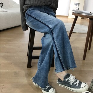 直筒毛边休闲老爹裤 女高腰宽松拖地裤 SLY春秋阔腿牛仔裤 日本代购