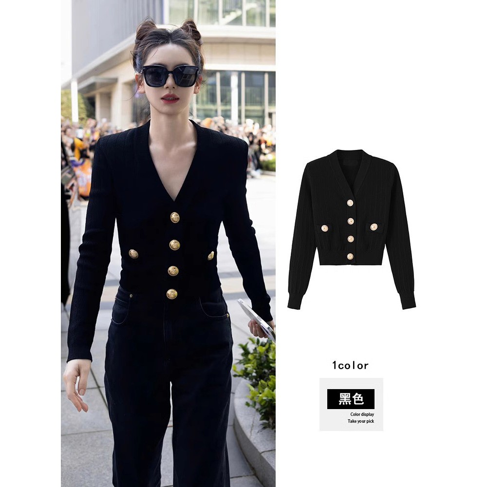 戚薇同款针织衫女开衫2025春秋新款法式V领高级感短款毛衣外套