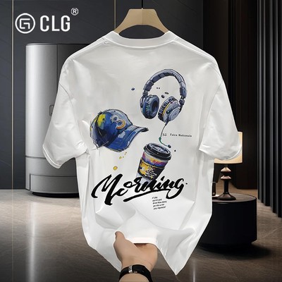 香港CLG潮牌260g重磅纯棉简约T恤男痞帅印花夏季圆领宽松休闲 短