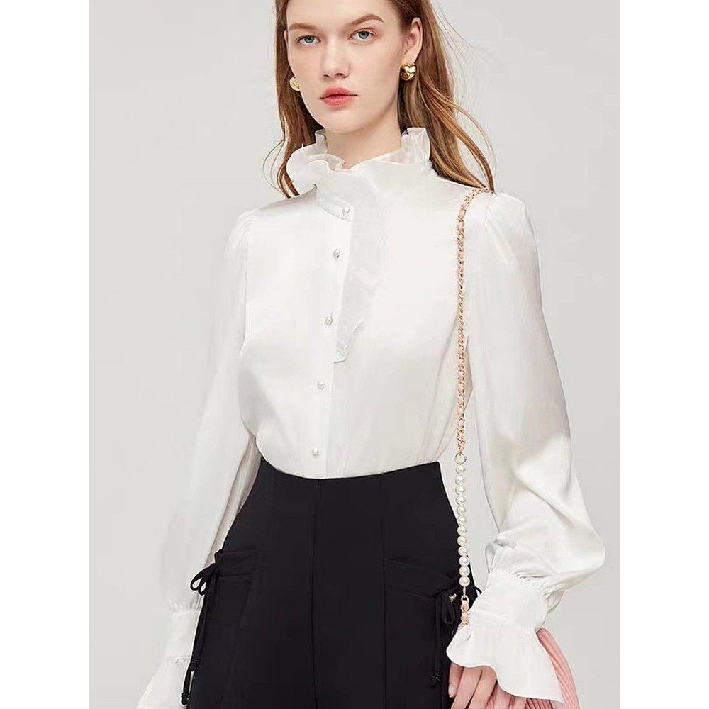 双层花瓣立领缎面衬衫妇女长袖新钟袖通勤雪纺顶英国风格底裤,女装/女士精品,衬衫,淘宝优惠券,粉丝福利购,淘宝优惠卷