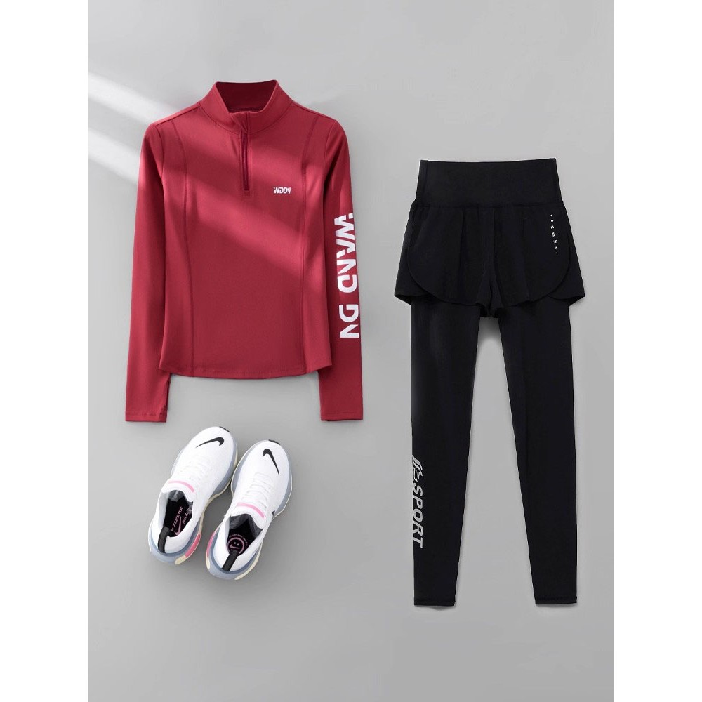 日本户外羽毛球登山健身服运动服女跑步套装秋季健身房长袖速干衣