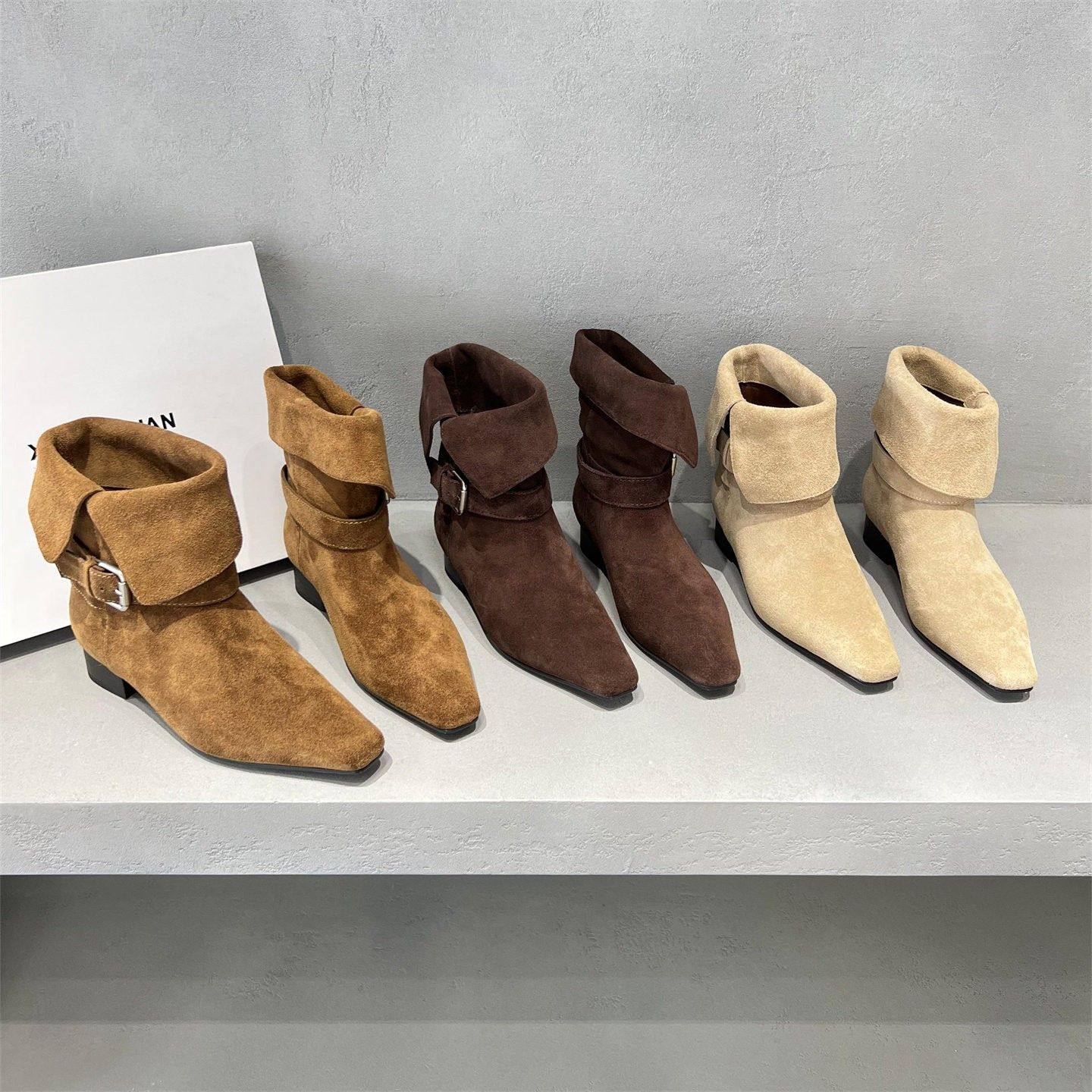 欧洲站女靴2025秋新款欧货真皮磨砂皮扣带粗中跟切尔西短靴马丁靴,女鞋,马丁靴,淘宝优惠券,粉丝福利购,淘宝优惠卷