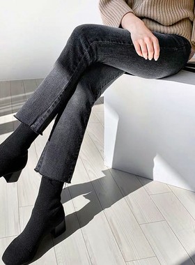 韩国黑灰色女士直筒牛仔裤高腰修身Look 2025春季修身弹力生边九