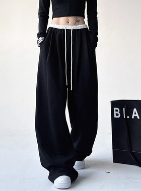 Ader美式黑色阔腿裤女2025秋装高腰宽松卫裤运动休闲裤显瘦拖地裤