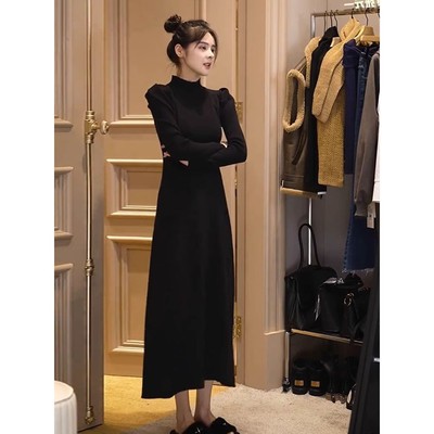 欧洲站气质御姐风法式赫本黑色内搭打底连衣裙女秋冬季配大衣裙子