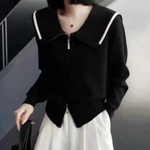 2025秋装新款洋气减龄拼色海军领拉链黑色开衫气质通勤针织外套女