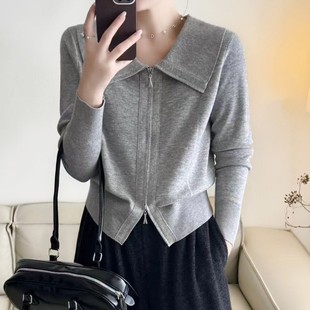 覆古秋季双拉炼针织衫海军领高腰羊毛大翻领开衫毛衣外套女短款