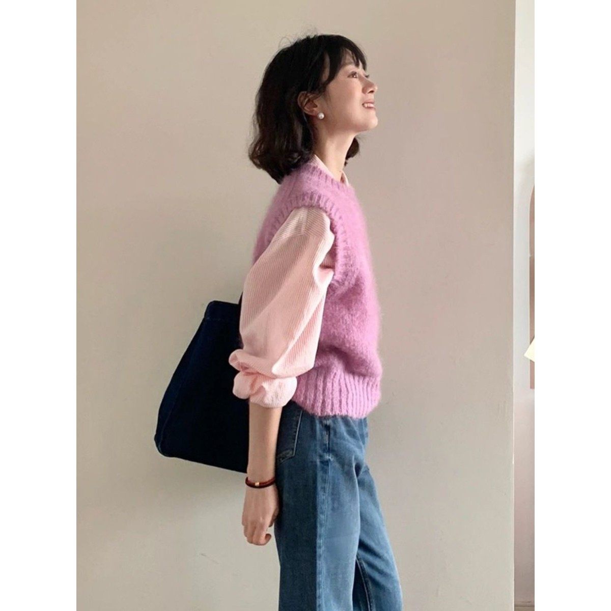 韩国2025春新款粉色圆领针织马甲背心女毛衣坎肩衬衫叠穿两件套潮