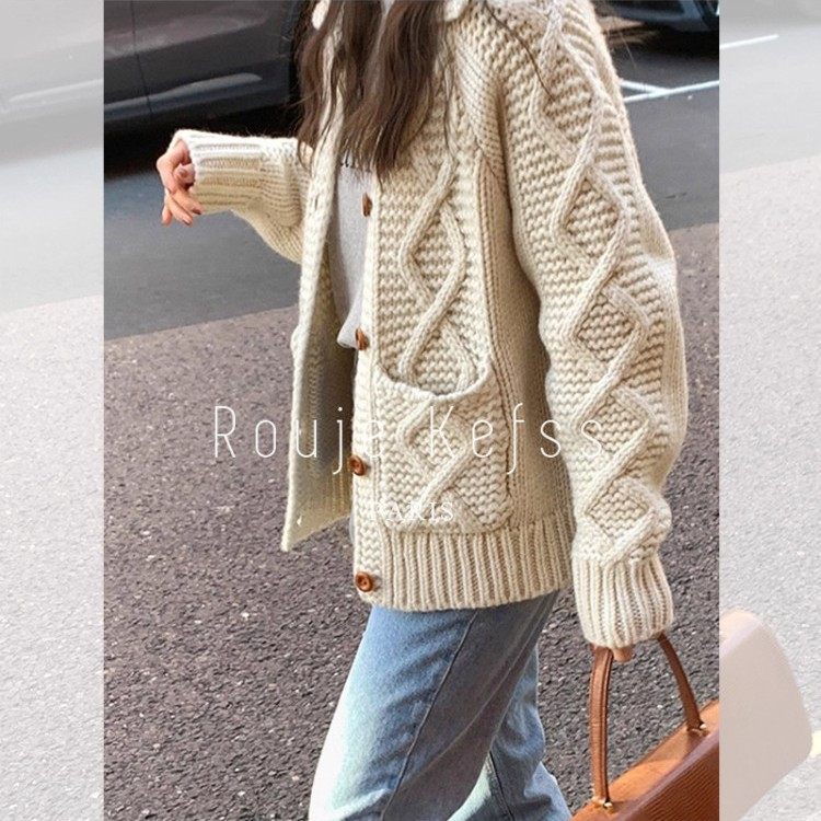 Rouje kefss法式重工粗针麻花针织开衫女秋冬慵懒风翻领毛衣外套,女装/女士精品,常规大码外套,淘宝优惠券,粉丝福利购,淘宝优惠卷