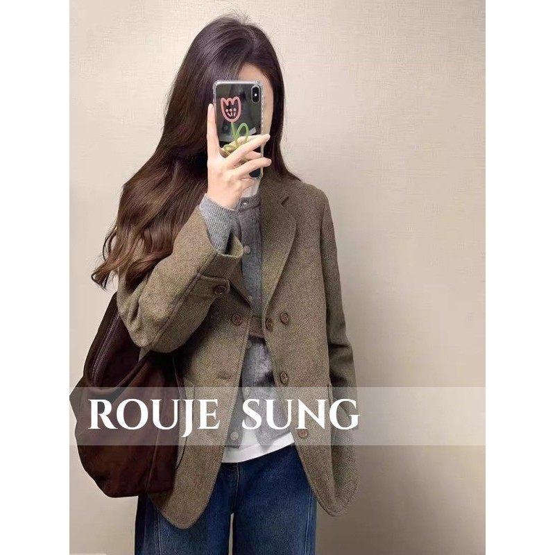 ROUJE SUNG~高级感毛呢外套女秋冬季新款覆古宽松西装人字纹大衣