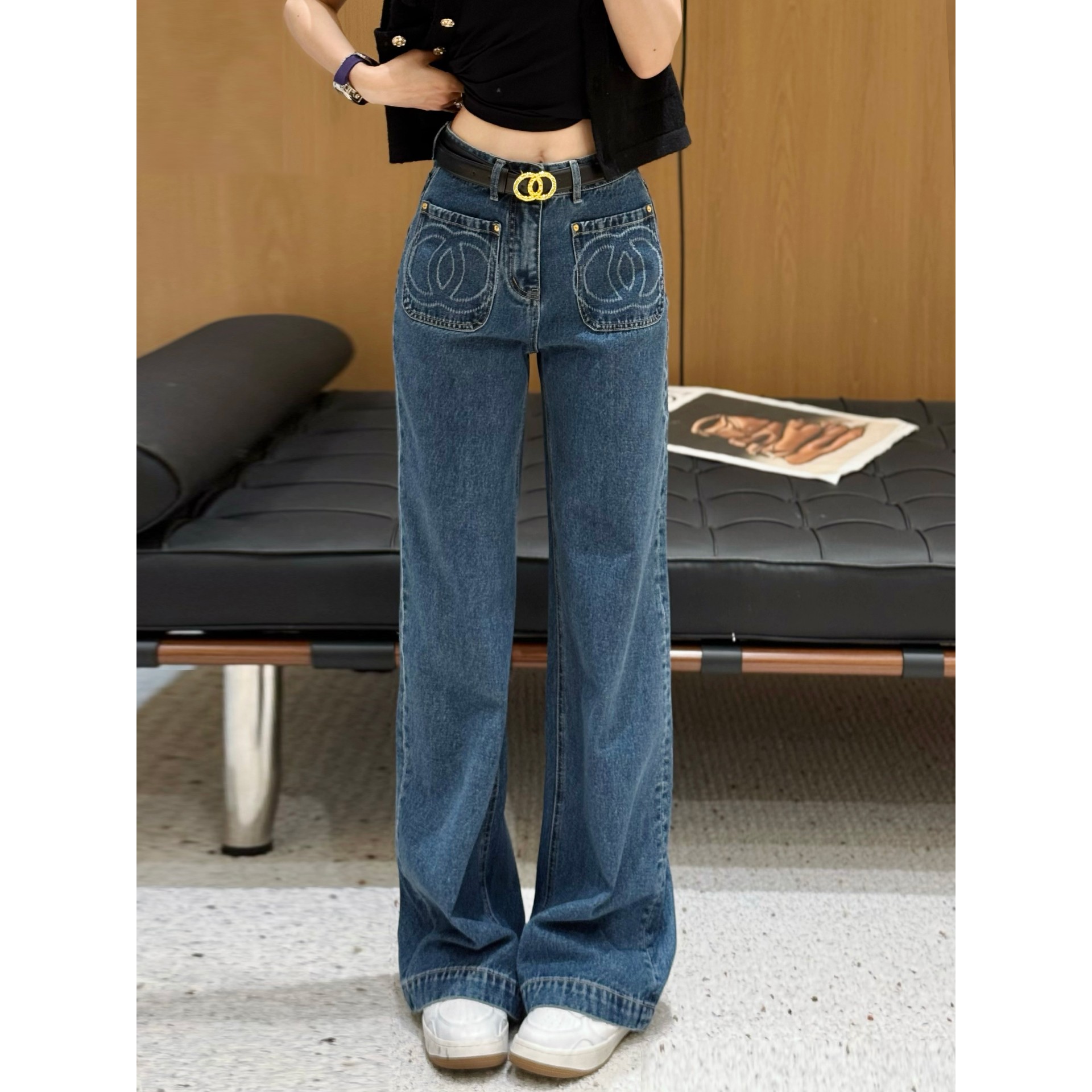 Anran kiss高级感窄版阔腿牛仔裤女2025早秋新款高腰显瘦直筒长裤