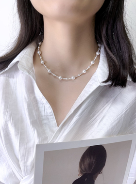 波光粼粼s925纯银碎银子满天星珍珠项链进口施家珍珠项小众气质