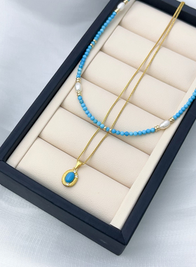 天然绿松石淡水珍珠串珠项链轻奢小众精致复古叠戴锁骨链项链