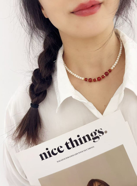 几朵家/车厘子红.红玛瑙碎银珍珠项链S925银小众复古国风锁骨链