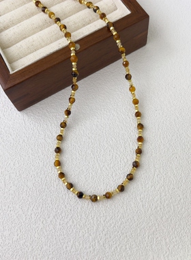 秋上新天然虎眼石黄水晶项链叠戴项链女轻奢小众精致感锁骨链