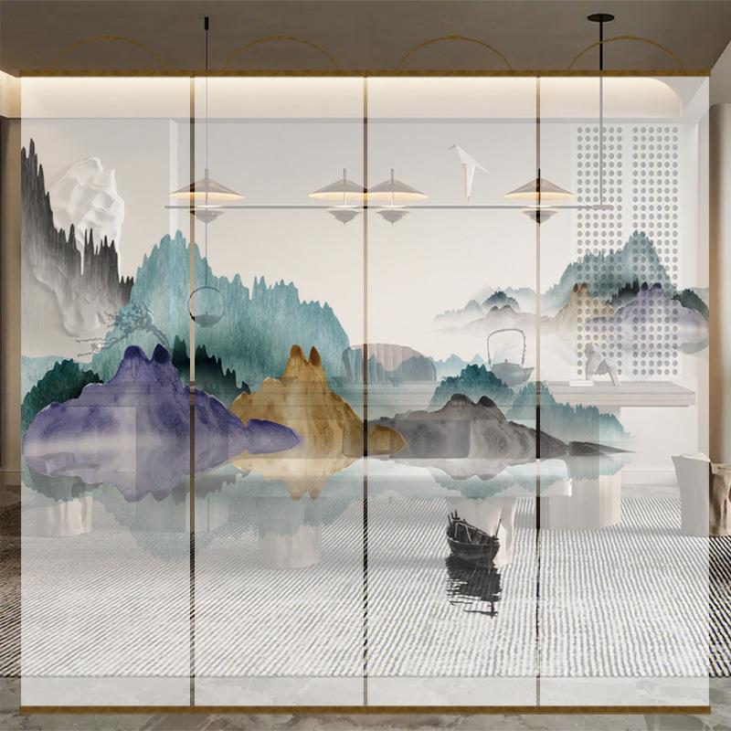 新中式水墨山水画双面透景屏风纱卷帘隔断帘挂帘窗帘玄关透光纱帘