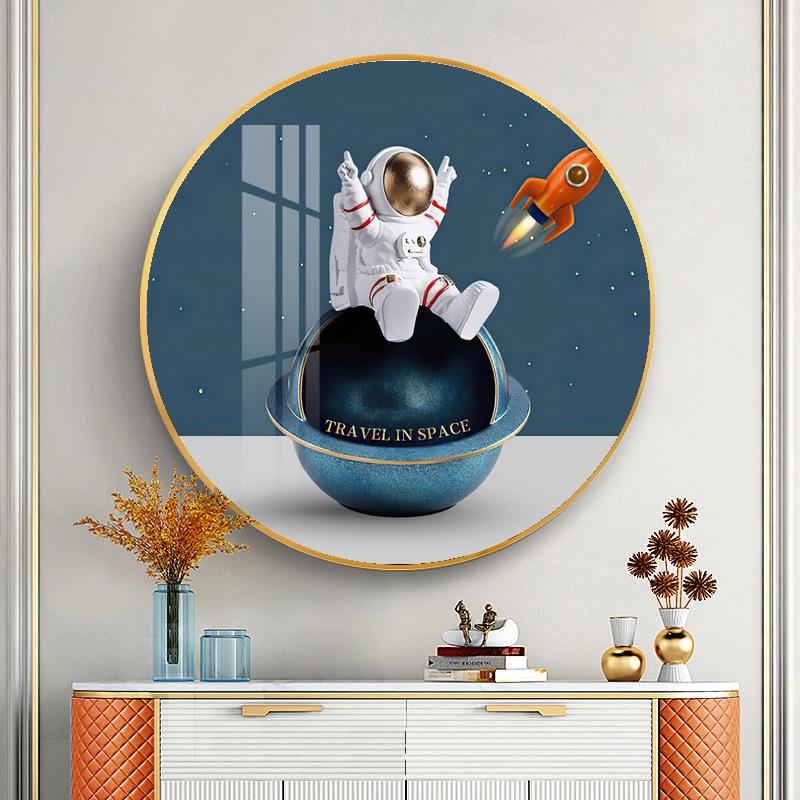卡通太空人圆形玄关装饰画奢华走廊尽头壁画轻奢高端儿童房挂画图片