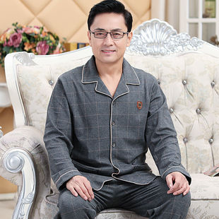 睡衣男款纯棉100%男长袖开衫爸爸款中老年人家居服老年加大码5XL