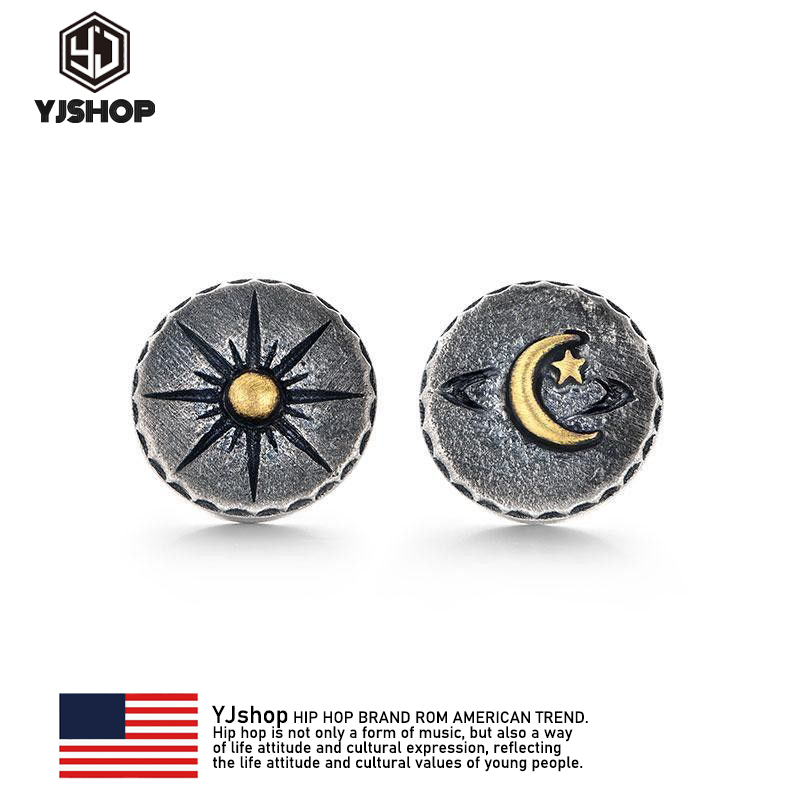 S925银太阳月亮男款黑色耳钉百搭个性小众高级感养耳洞送生日礼物