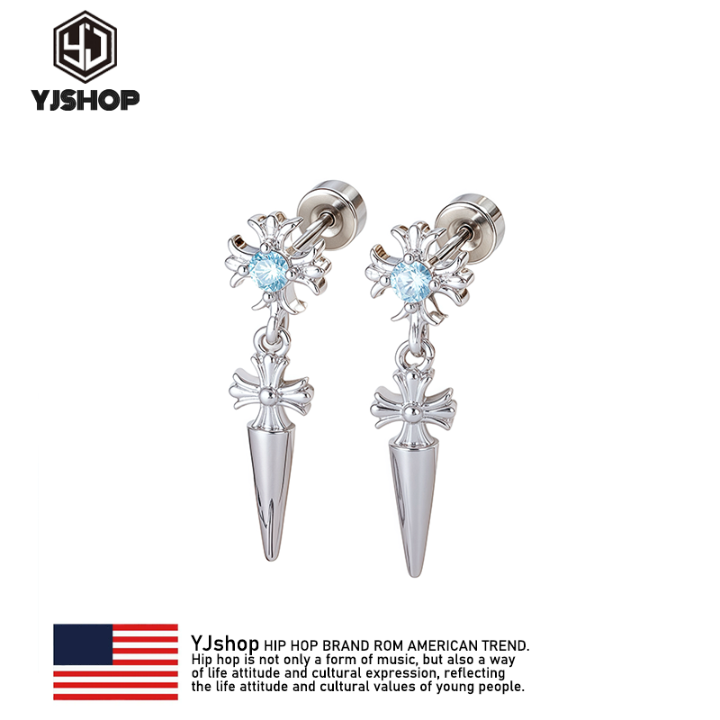 S925银蓝色闪钻十字架耳钉