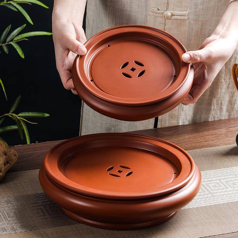 F77J7T8J8M0潮州泥手6拉茶盘10英寸朱形传统圆家用紫砂茶船储水干