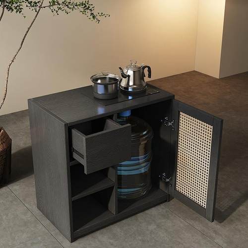 茶水客厅靠墙实木诧寂风黑色柜烧壶一体移动边HXT小桌柜茶桌侧茶