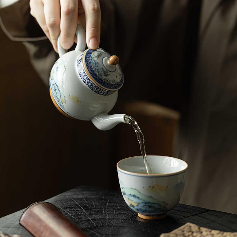 仿古手绘青花瓷茶壶单个家用过滤冲茶具套装小容量陶瓷功夫泡茶器