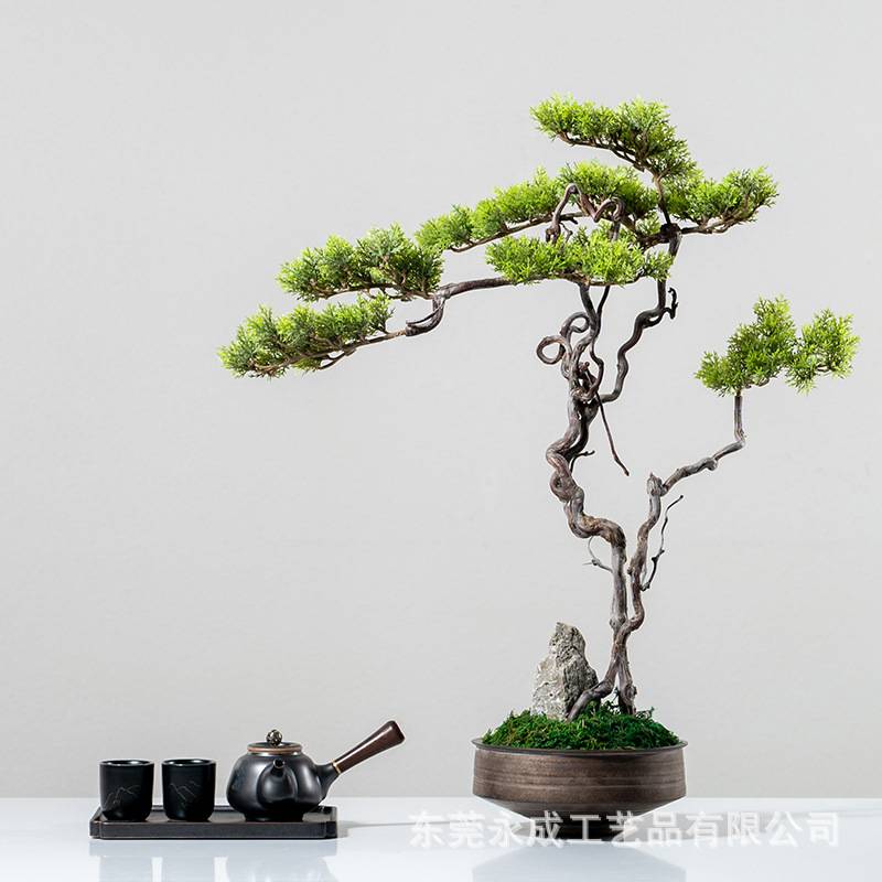 新中式仿真迎客松盆景办公室绿植客厅酒店玄关罗汉松落地装饰摆件