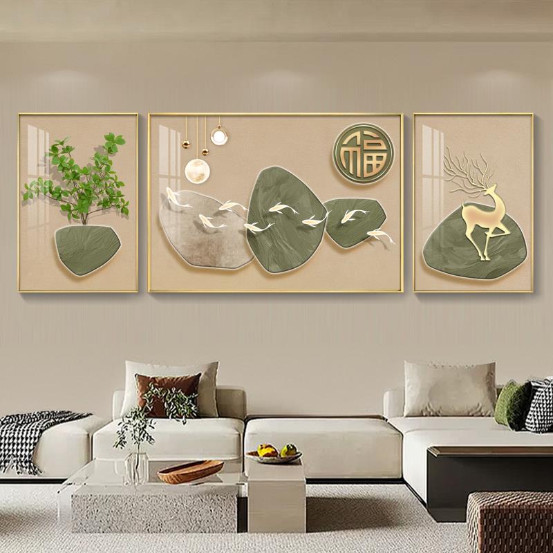 鱼图厅装饰画轻级奢客沙画发背景墙挂寓意好九高感大气现三联代画图片
