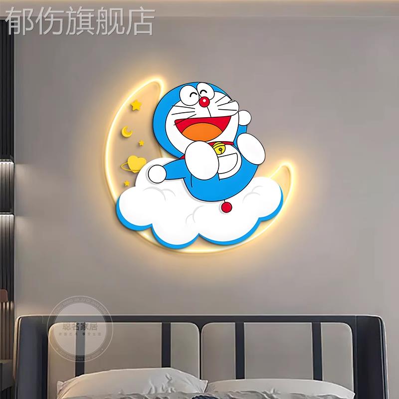 哆啦A梦儿童房卧室装饰画卡通壁画灯画男女孩房间床头led发光挂画