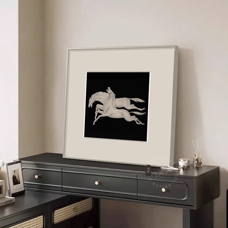法式覆古中古艺术黑白客厅装饰画现代简约动物马挂画卧室酒店壁画图片