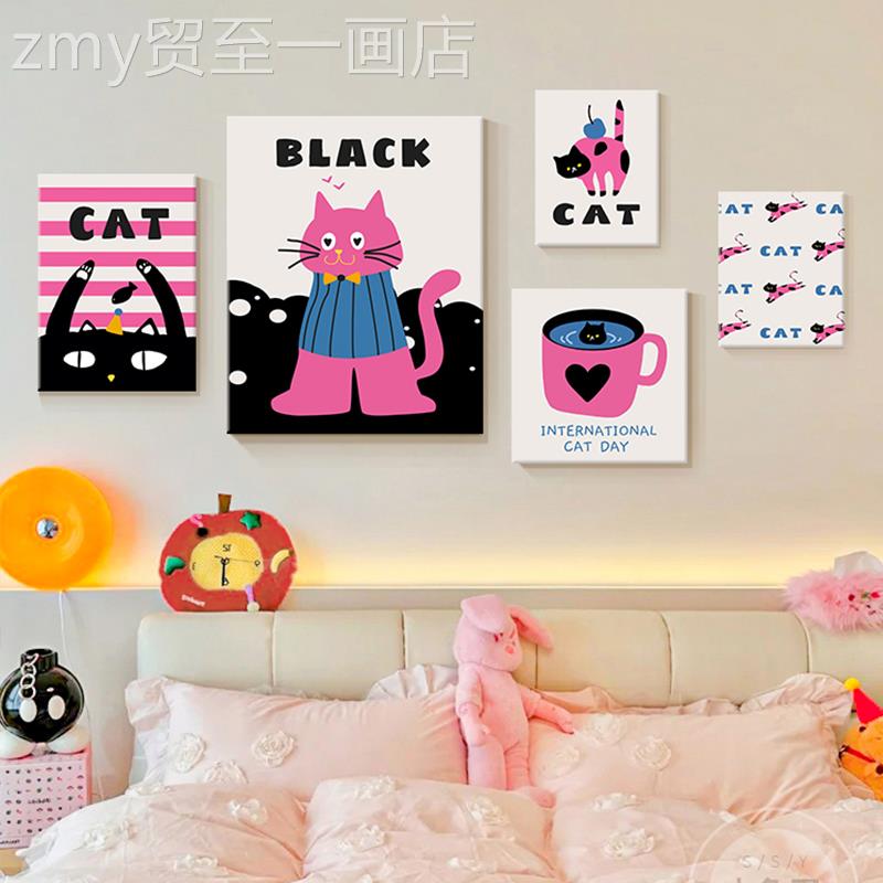 网红多墙巴胺客装饰画卧厅奶油沙画发背景壁点风波猫卡通室组合挂图片