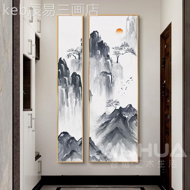 网红新式入户玄关饰装茶画双中餐联挂画厅室景墙山水画墨江山水壁