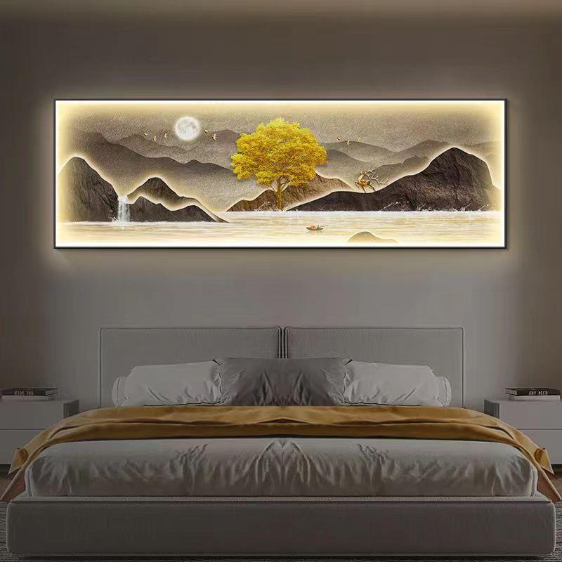 现代轻奢卧室装饰画背有靠山床头挂画山水画主卧房间LED带灯壁画