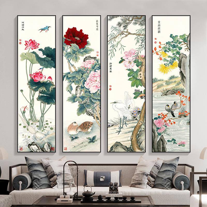 客厅装饰画新中NBD联式四走画茶室壁画花开富贵梅竹菊兰挂画廊过