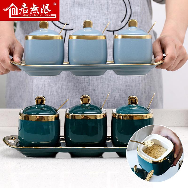 奢5Z299W陶瓷调料盒装家用组合装厨用品带套盖一体多格盐味房精轻