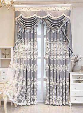 奢华欧式成加刺绣蓝色窗帘厚YBM品客厅卧室一帘头双层浮雕布纱体