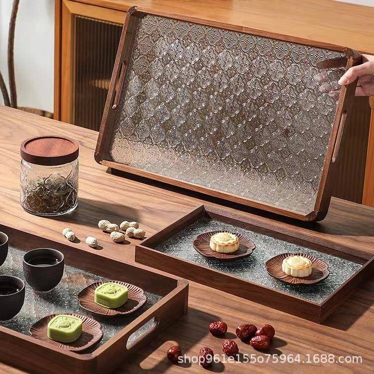 复黑胡桃海棠花玻带1027璃托盘家古用客厅易清洗把手木收纳盘