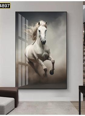 现代画简白色骏QLG马客厅关装约饰画玄走廊过道挂竖版餐厅卧室墙