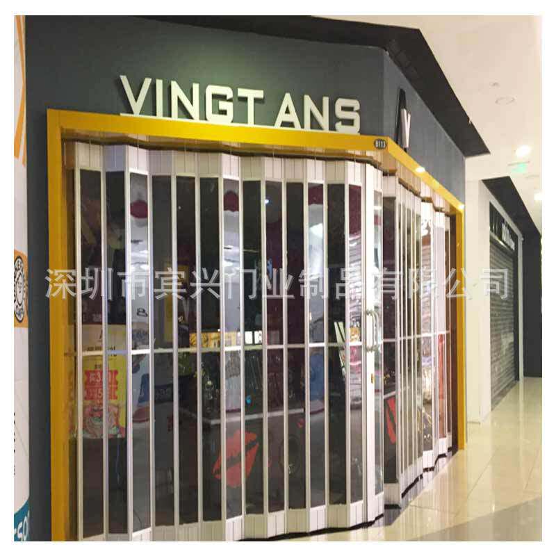 商铺折叠推拉门水晶透明横拉闸门商场铝合金边框弧型横向折叠门