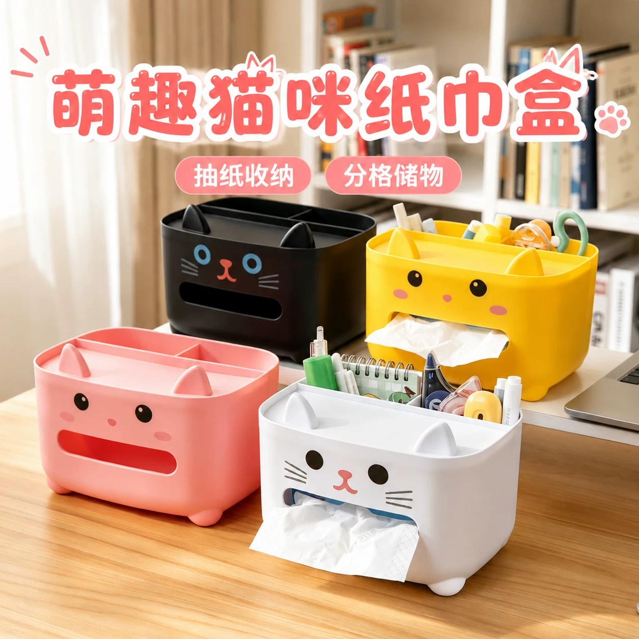 萌趣猫咪纸巾盒桌面收纳盒抽纸盒客厅茶几分格储物盒卡通可爱家用
