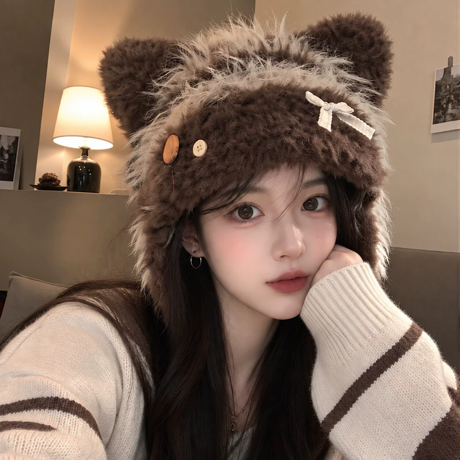 可爱猫耳朵蝴蝶结毛绒护耳帽女秋冬2026新款防寒保暖显脸小雷锋帽