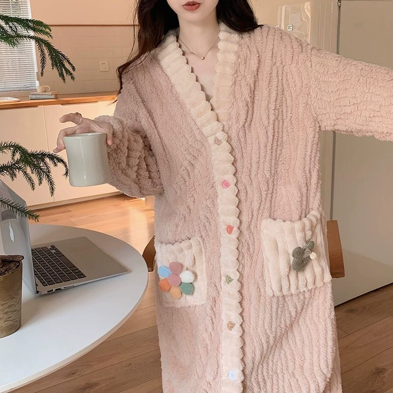 2025加绒睡袍女秋冬季珊瑚绒卡通