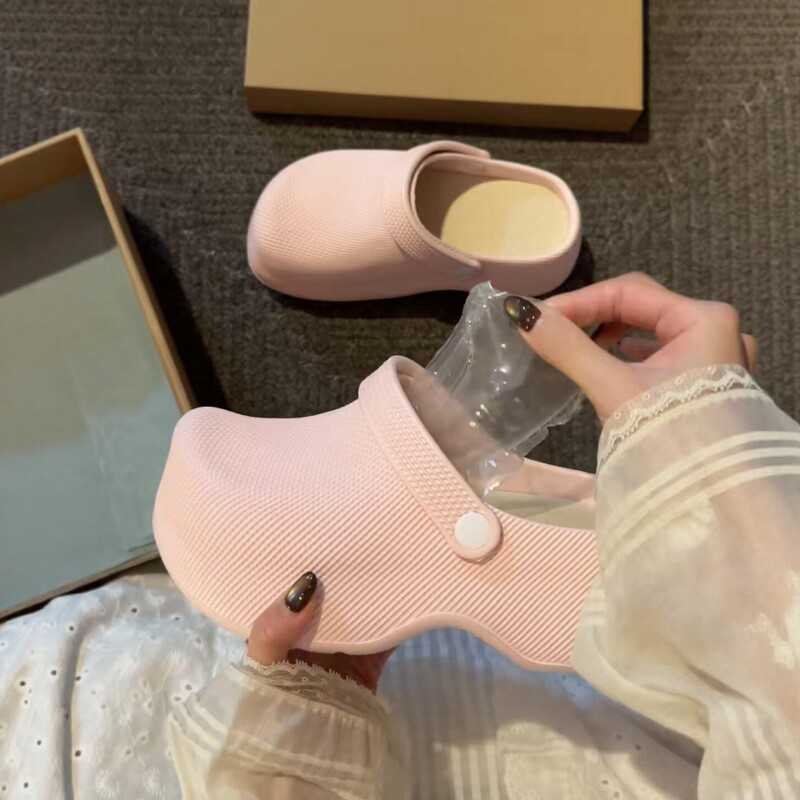 粉色厚底半拖鞋女外穿包头拖