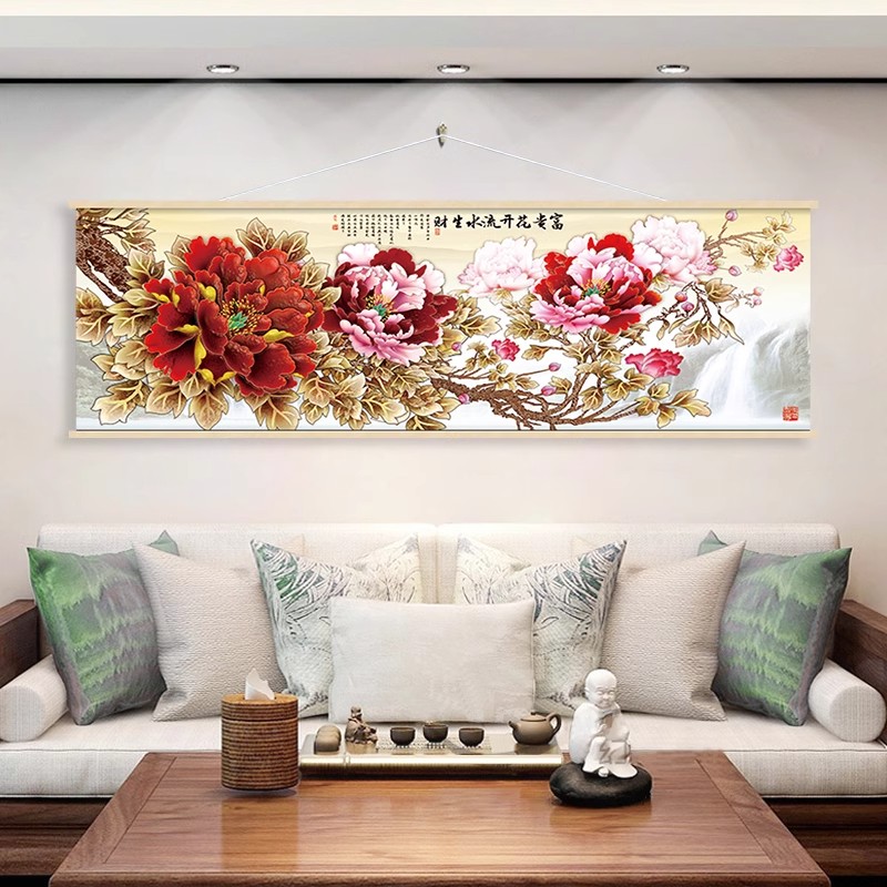 花开富贵客厅挂画牡丹花荷花装饰画九鱼图卧室床头画餐厅卷轴挂布图片
