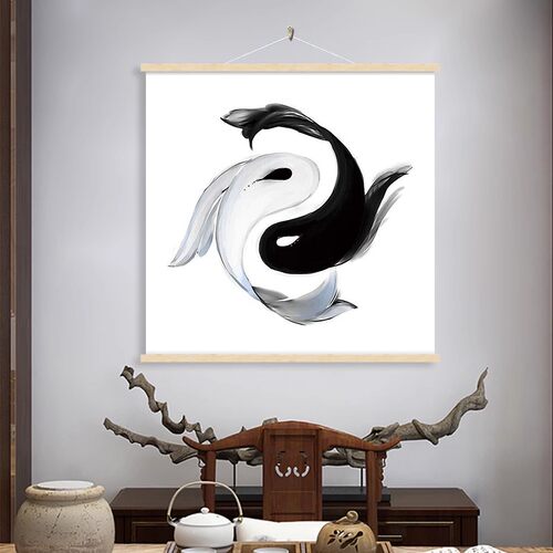 鲤鱼图挂画八卦太极图装饰画禅意茶室壁画新中式客厅挂布画玄关画